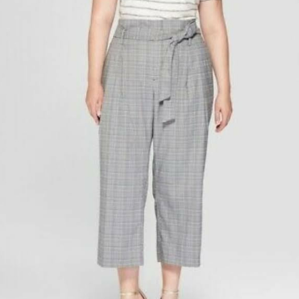 HIGH WAIST PLAID BELTED CROP TROUSER PANTS - NO BELT